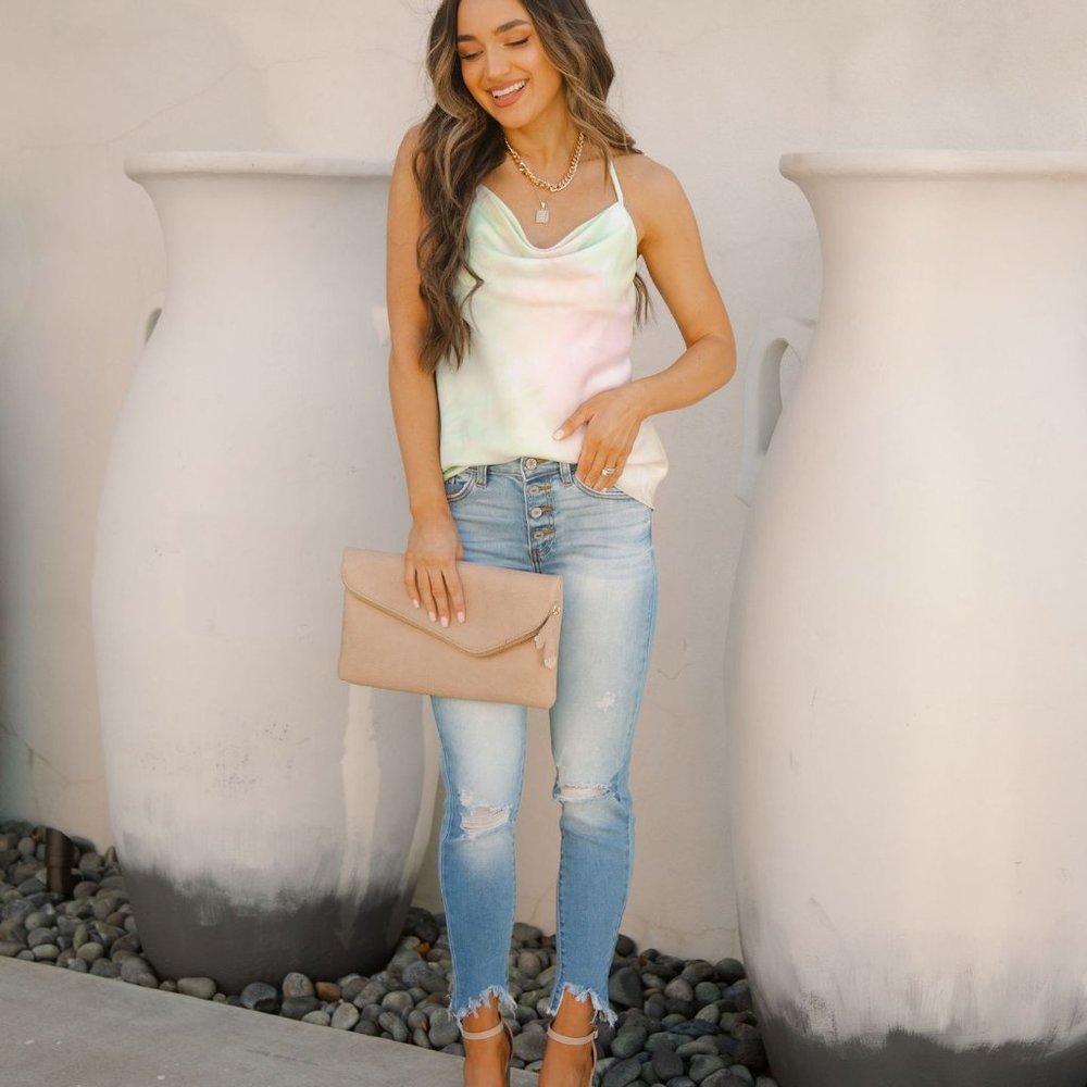 HAPPY INSIDE SATIN TIE DYE COWL NECK TAN - Picture 7 of 11